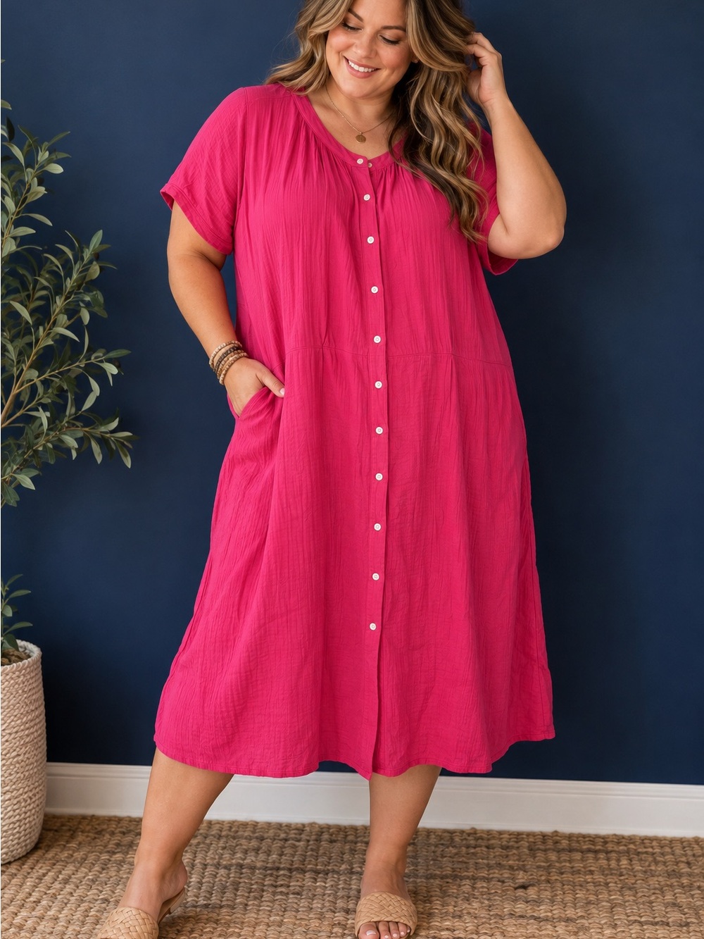 GAP 100% Cotton Midi Dress XXL Hot Pink Button Front Short Wide Sleeves